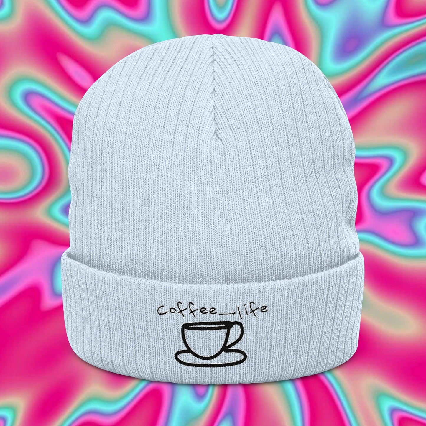 Coffee Is Life Ribbed Knit Beanie – Embroidered Mug Design