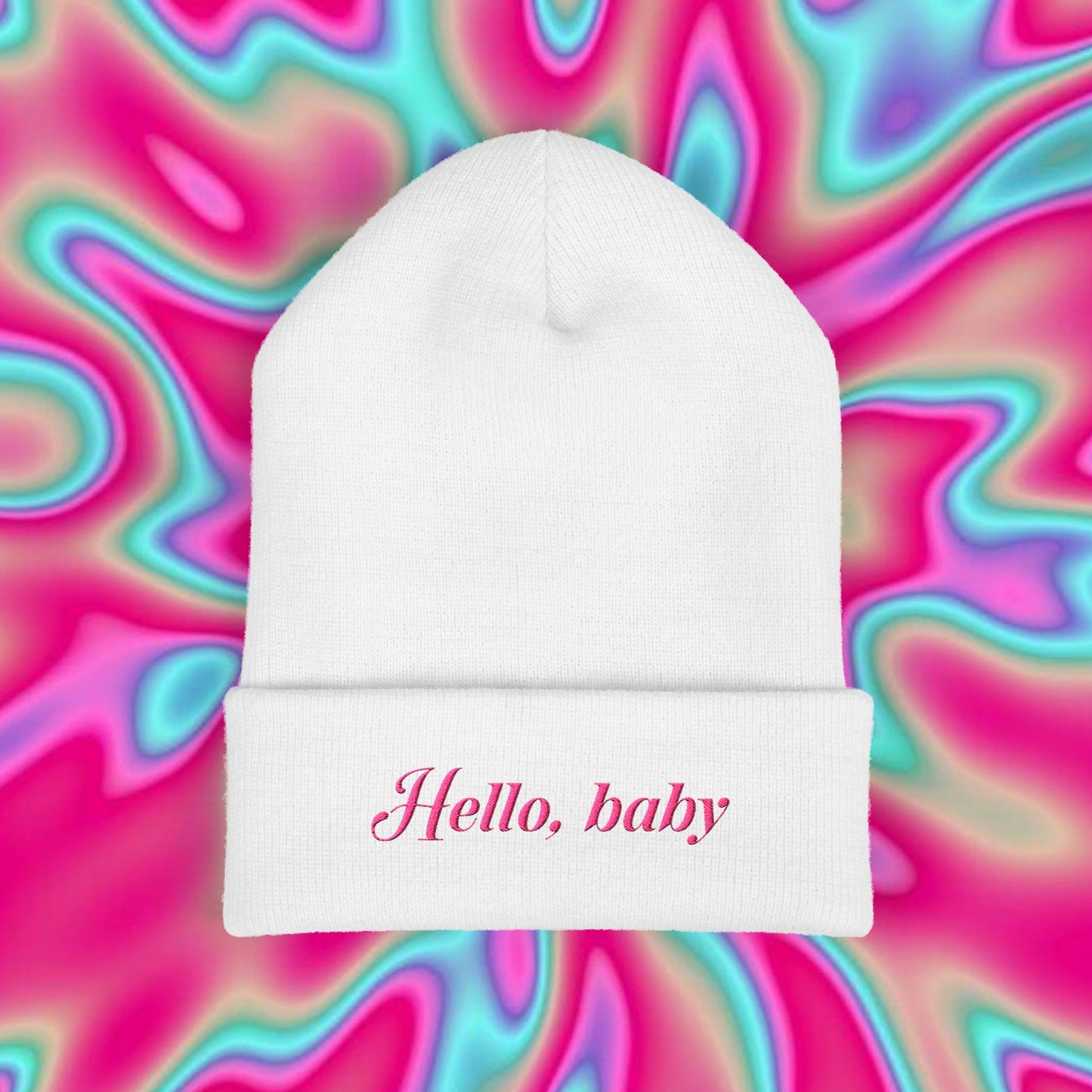 Hello, Baby Embroidered Cuffed Beanie — Cute Pink Script Knit Hat