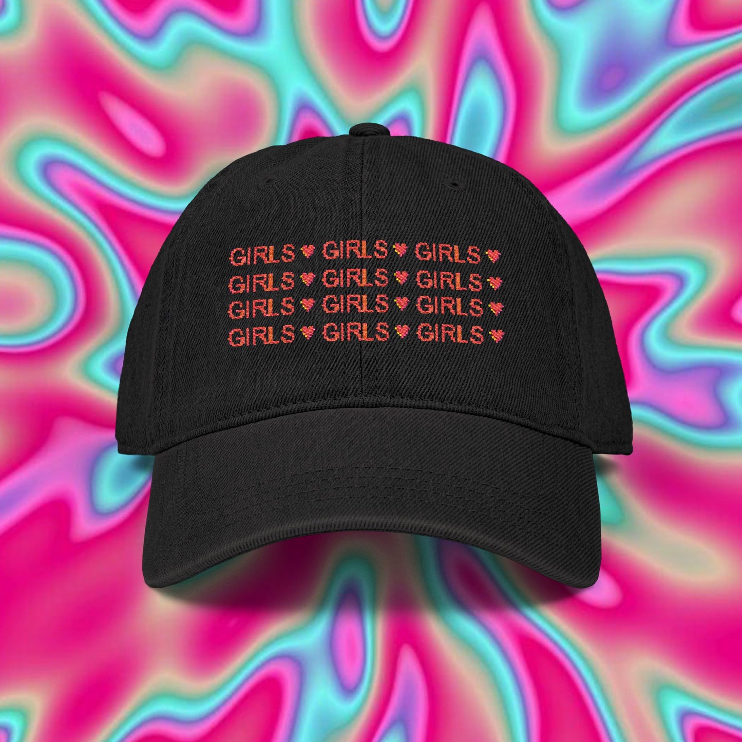 Embroidered 'GIRLS' Denim Baseball Cap with Strawberry Accent