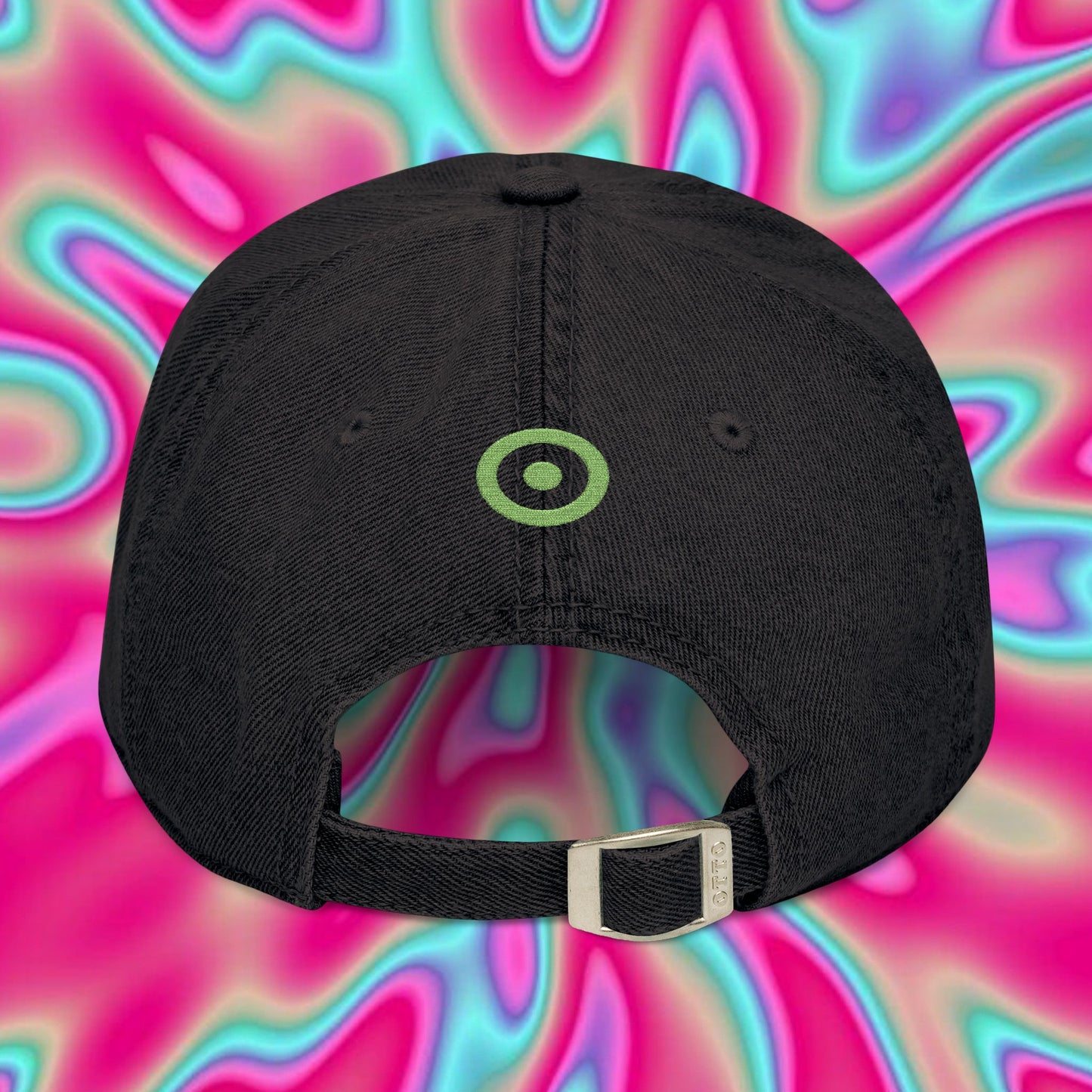 Embroidered Denim Hat — Neon Japanese Kanji Design