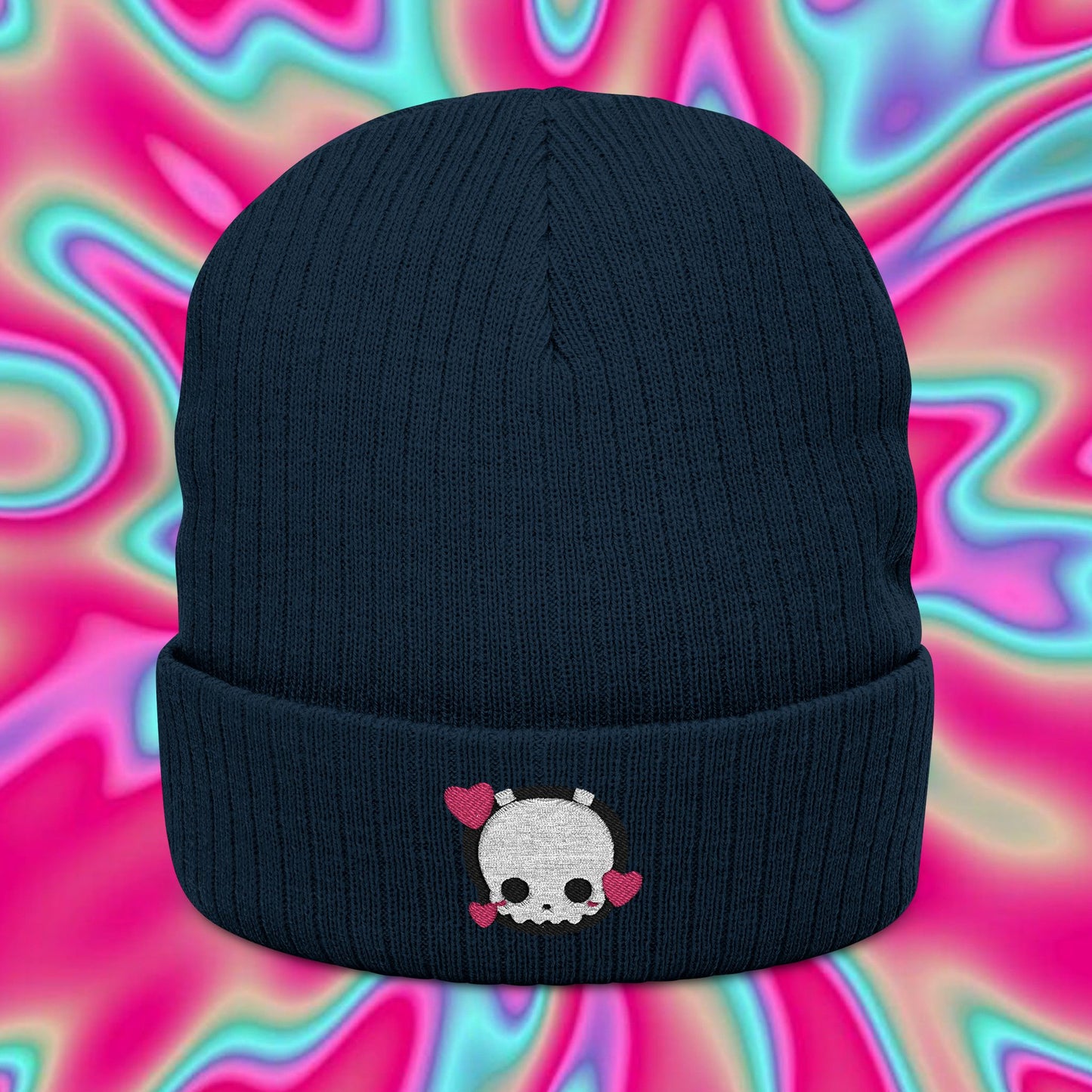 Valentine's Ghost Embroidered Beanie — Ribbed Knit Heart Patch