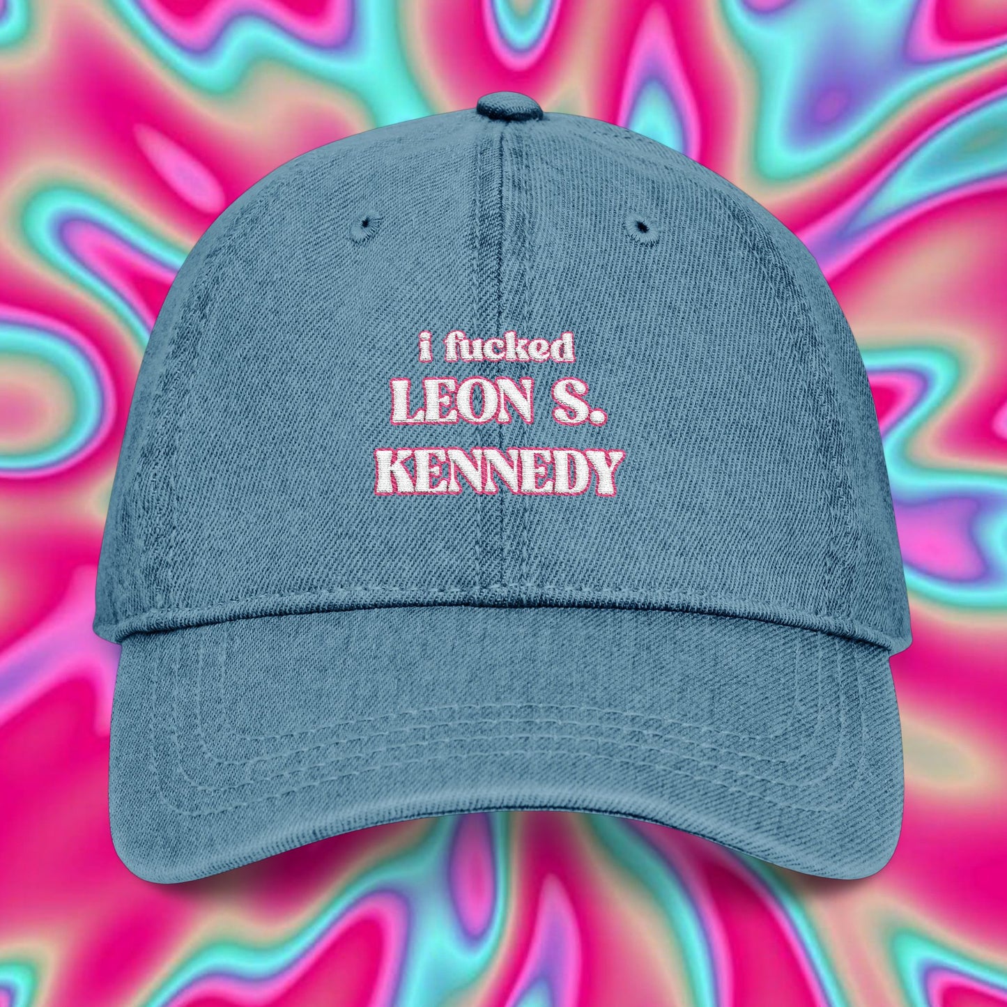 Embroidered Denim Hat — "I Fucked Leon S. Kennedy" Retro Gamer Cap