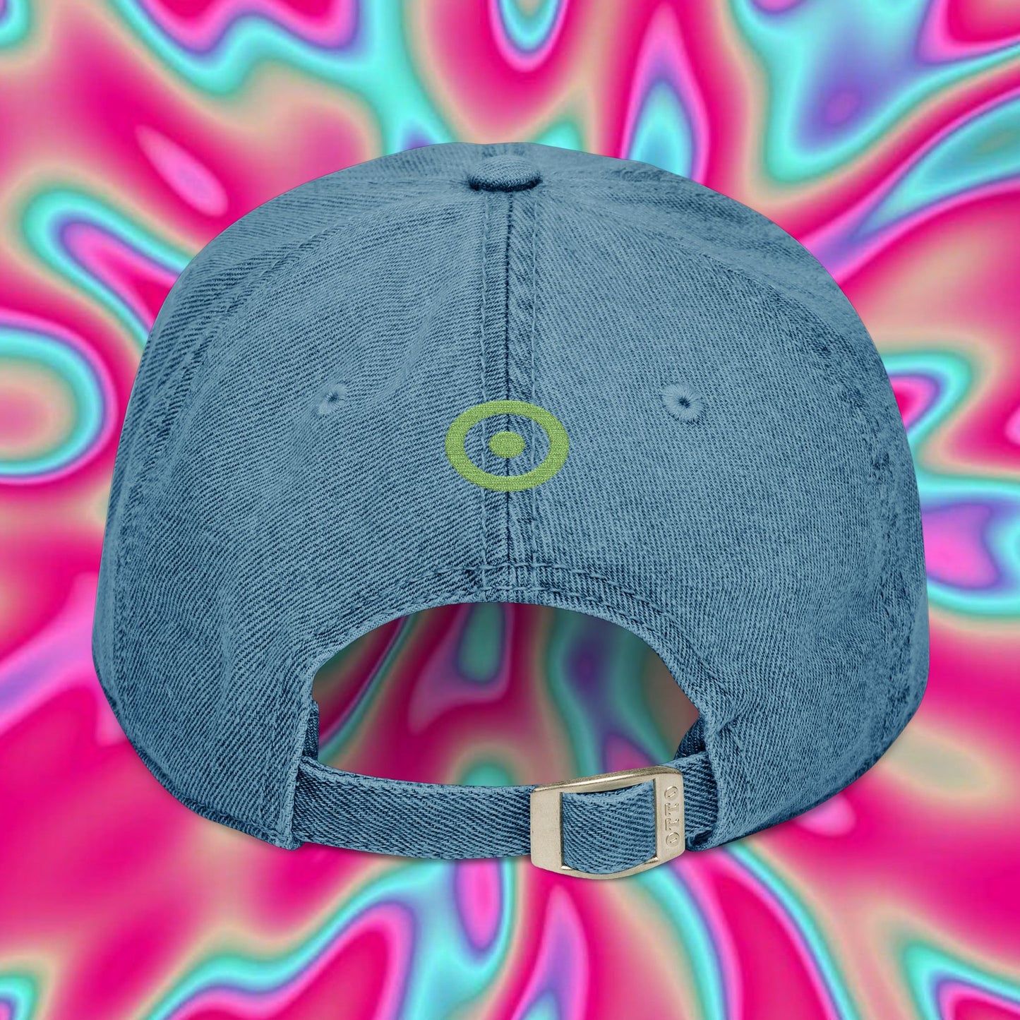 Embroidered Denim Hat — Neon Japanese Kanji Design
