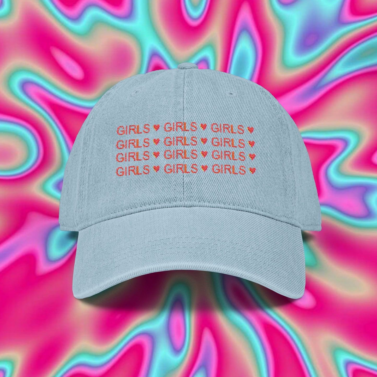 Embroidered 'GIRLS' Denim Baseball Cap with Strawberry Accent