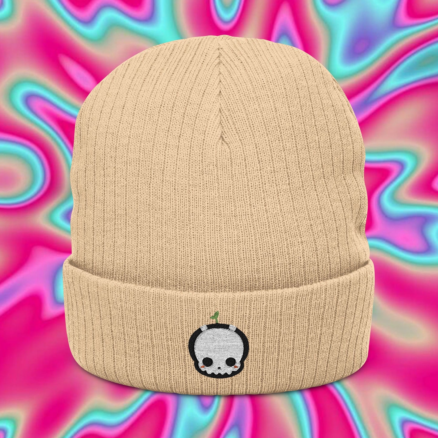 Ghost Sprout Ribbed Knit Beanie — Embroidered