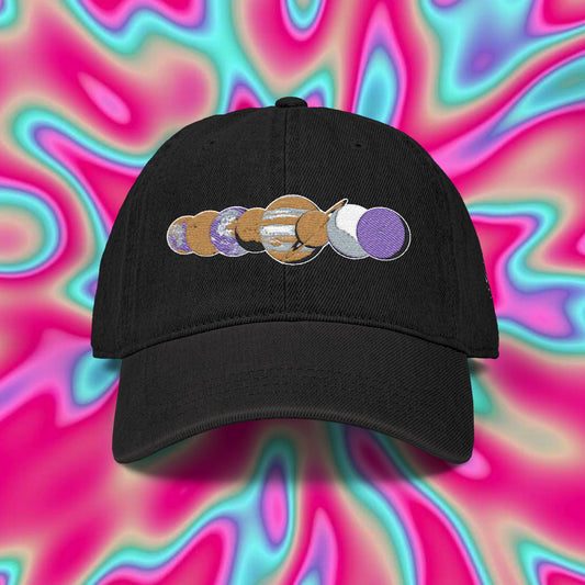 Embroidered Planet Phases Denim Hat — Retro Astronomy Baseball Cap