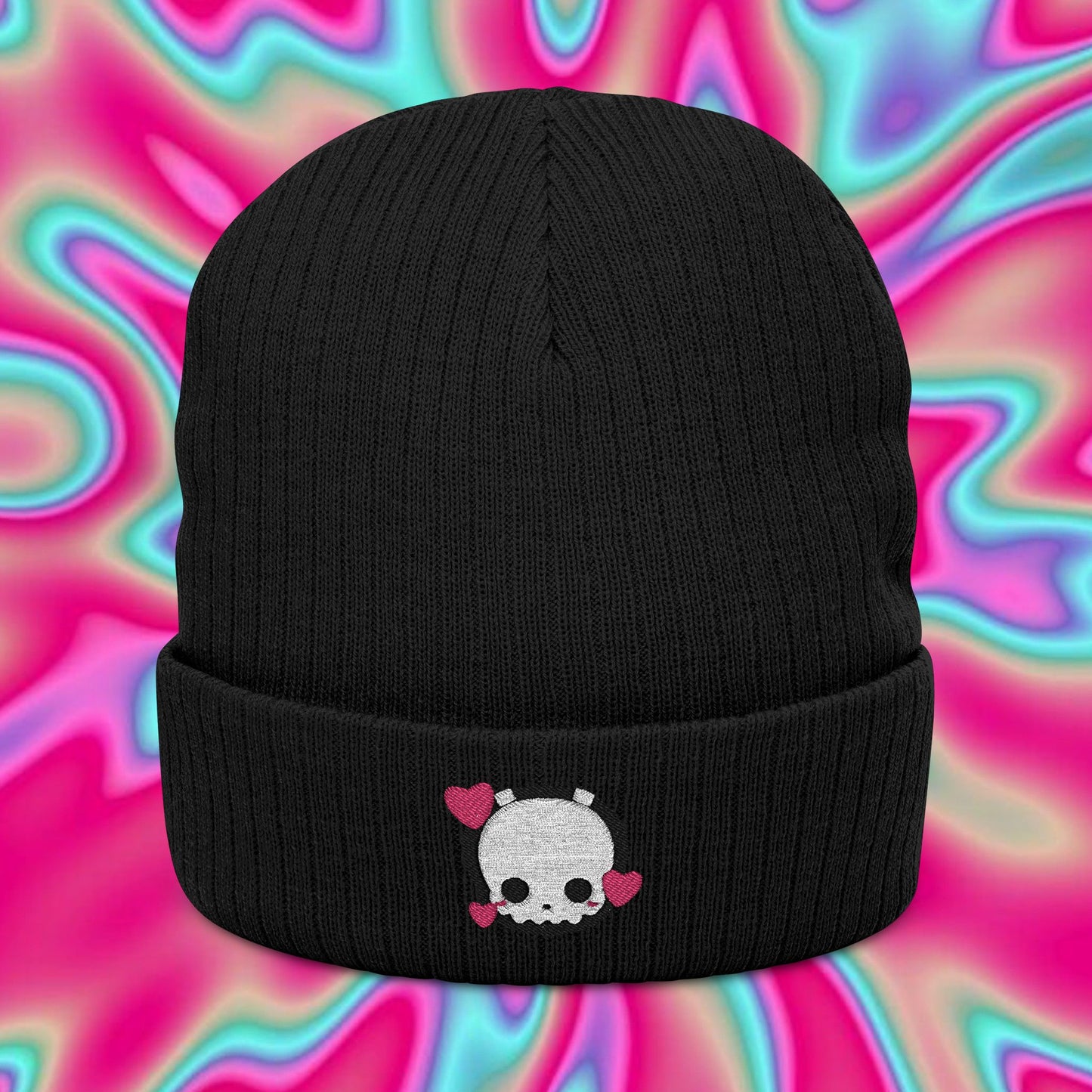 Valentine's Ghost Embroidered Beanie — Ribbed Knit Heart Patch