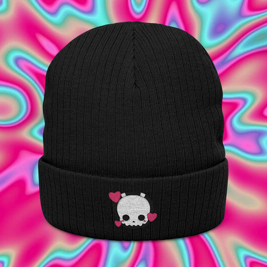 Valentine's Ghost Embroidered Beanie — Ribbed Knit Heart Patch