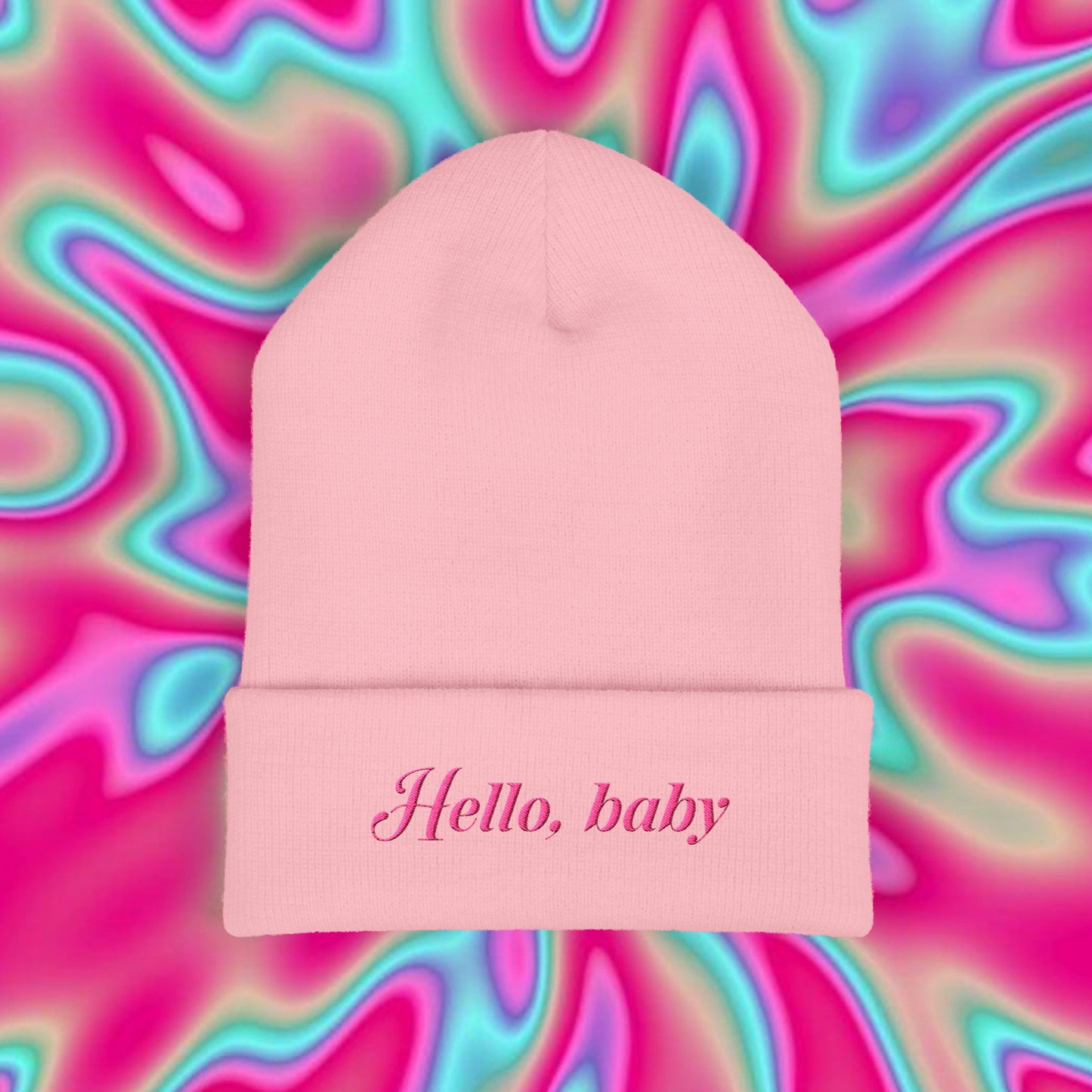 Hello, Baby Embroidered Cuffed Beanie — Cute Pink Script Knit Hat