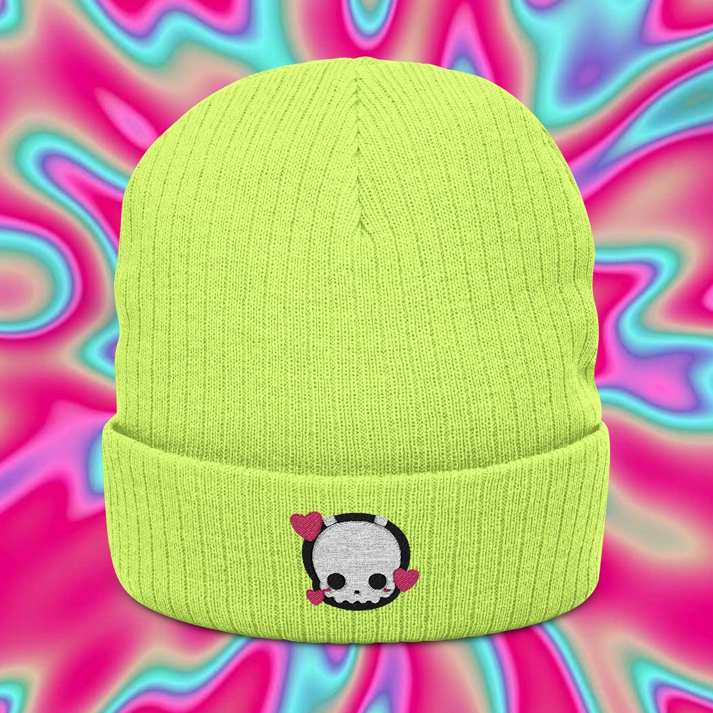 Valentine's Ghost Embroidered Beanie — Ribbed Knit Heart Patch