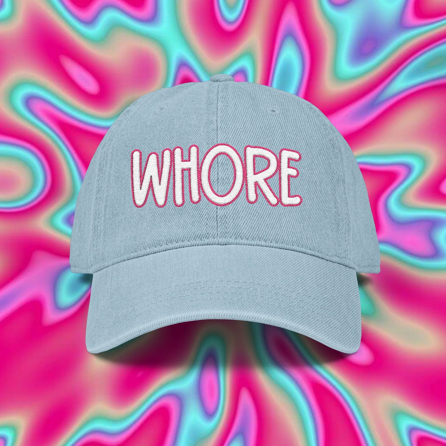 Embroidered Denim Hat — 'WHORE' Bold Script Cap
