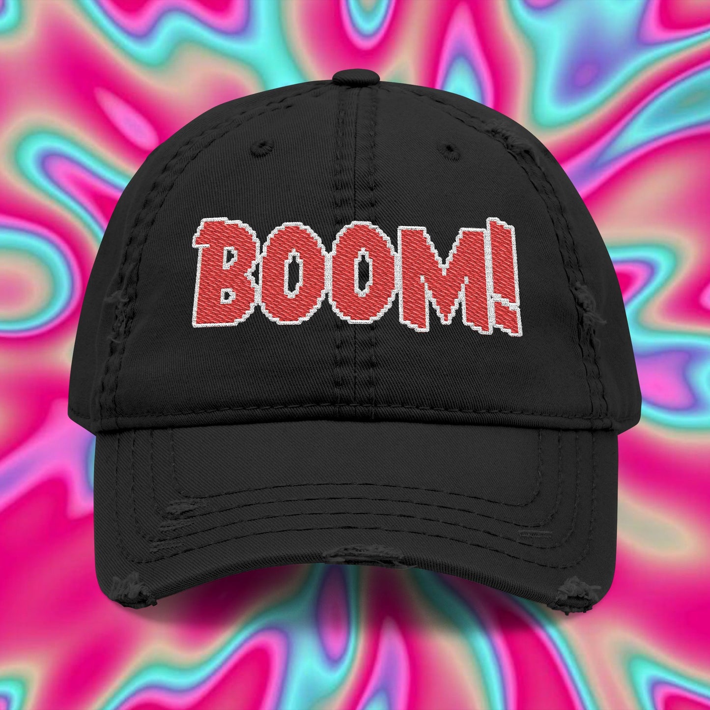 BOOM! Embroidered Distressed Dad Hat — Retro Pop Explosion Cap