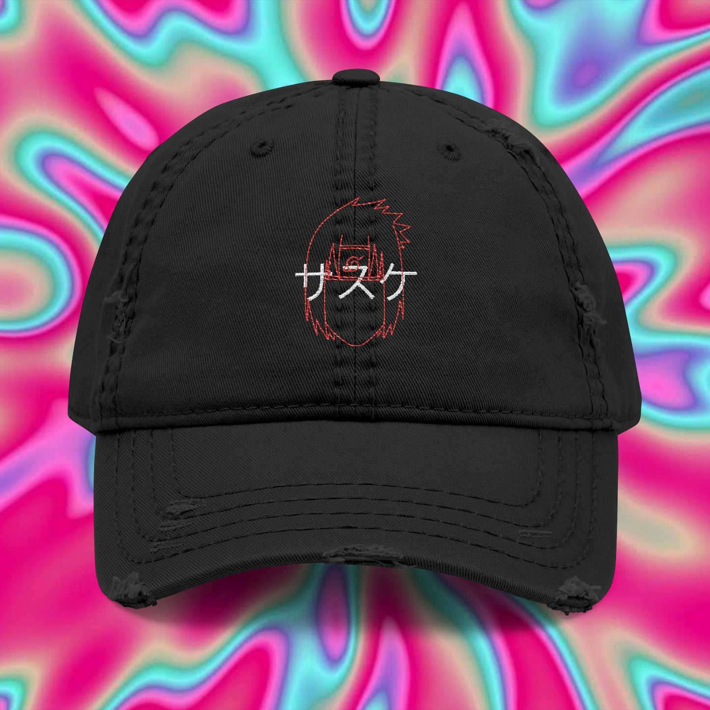 Sasuke Minimal Outline Dad Hat — Distressed Embroidered Cap