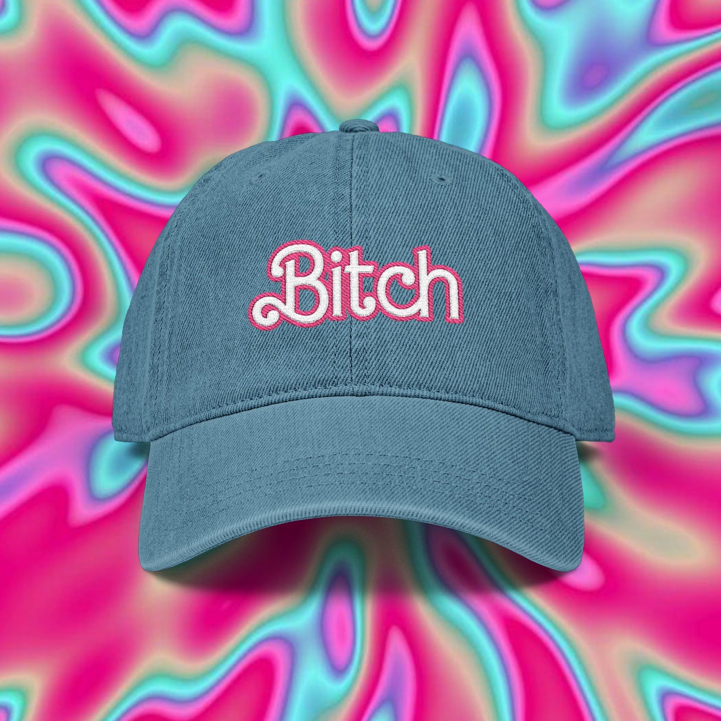 Embroidered 'Bitch' Denim Hat – Pink Script Baseball Cap with Heart Accent