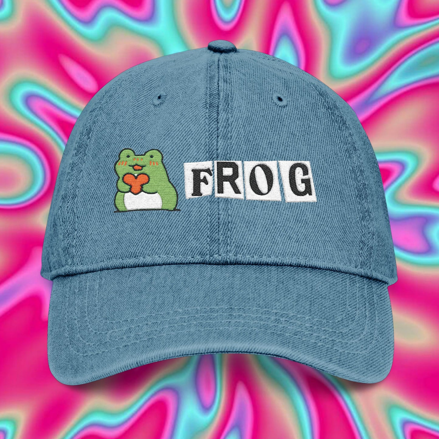 Embroidered 'Frog' Denim Hat — Cute Frog Heart Baseball Cap