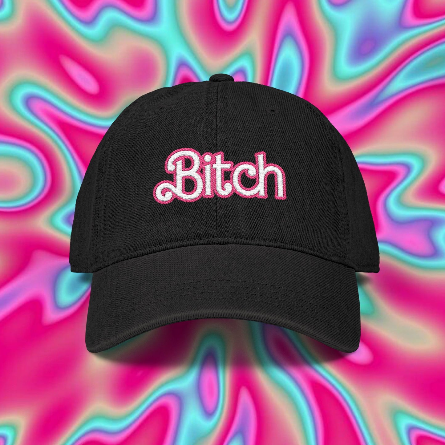 Embroidered 'Bitch' Denim Hat – Pink Script Baseball Cap with Heart Accent