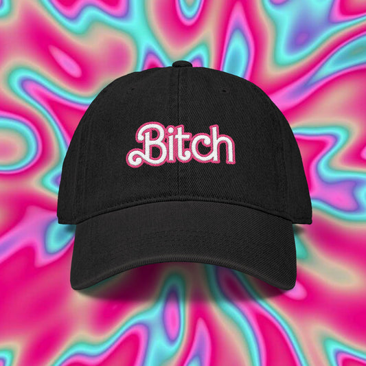 Embroidered 'Bitch' Denim Hat – Pink Script Baseball Cap with Heart Accent