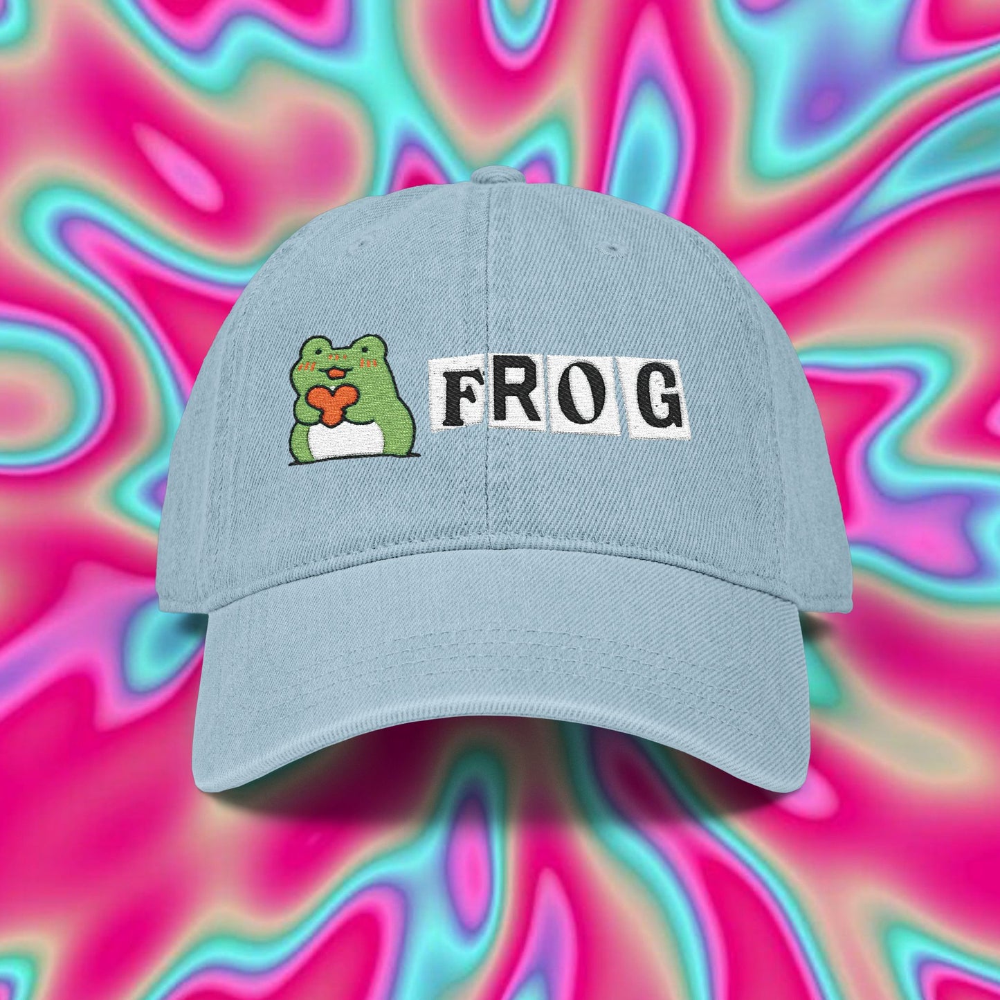 Embroidered 'Frog' Denim Hat — Cute Frog Heart Baseball Cap