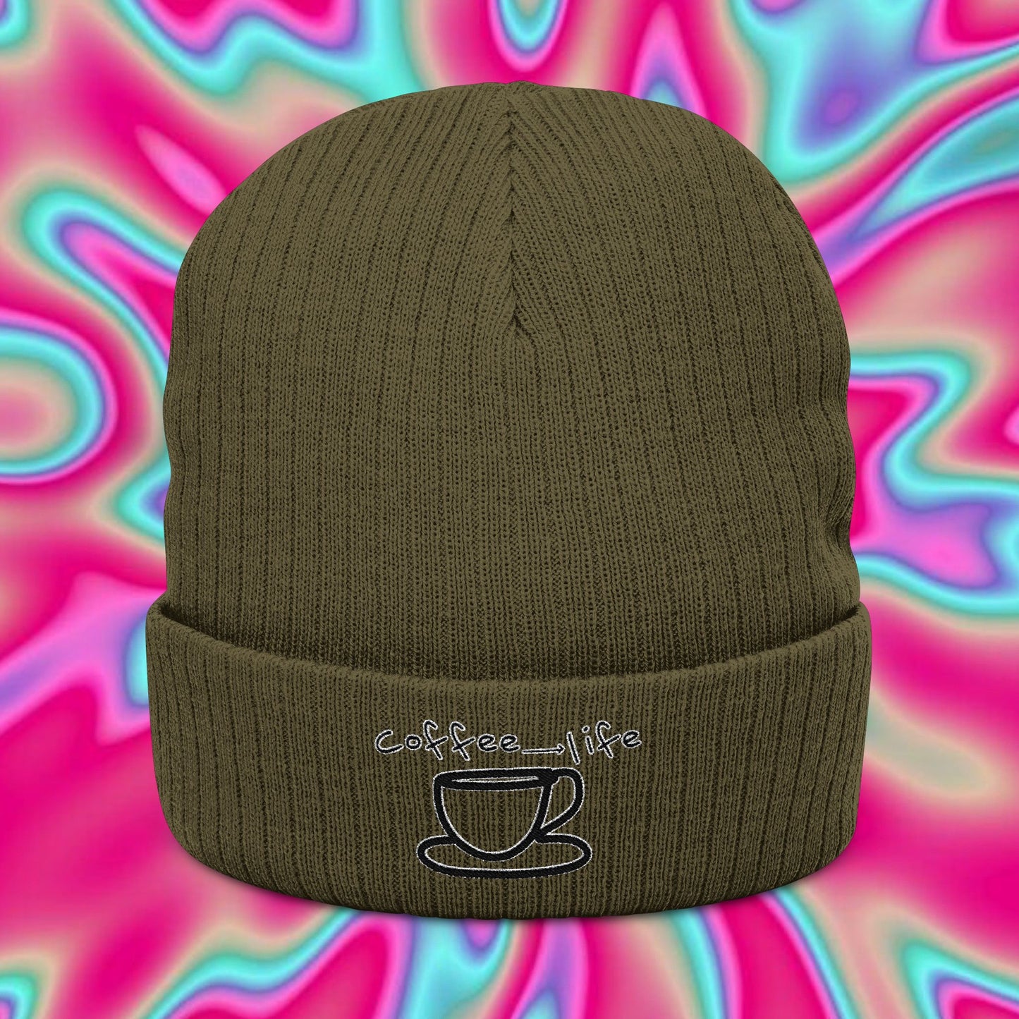 Coffee Is Life Ribbed Knit Beanie – Embroidered Mug Design