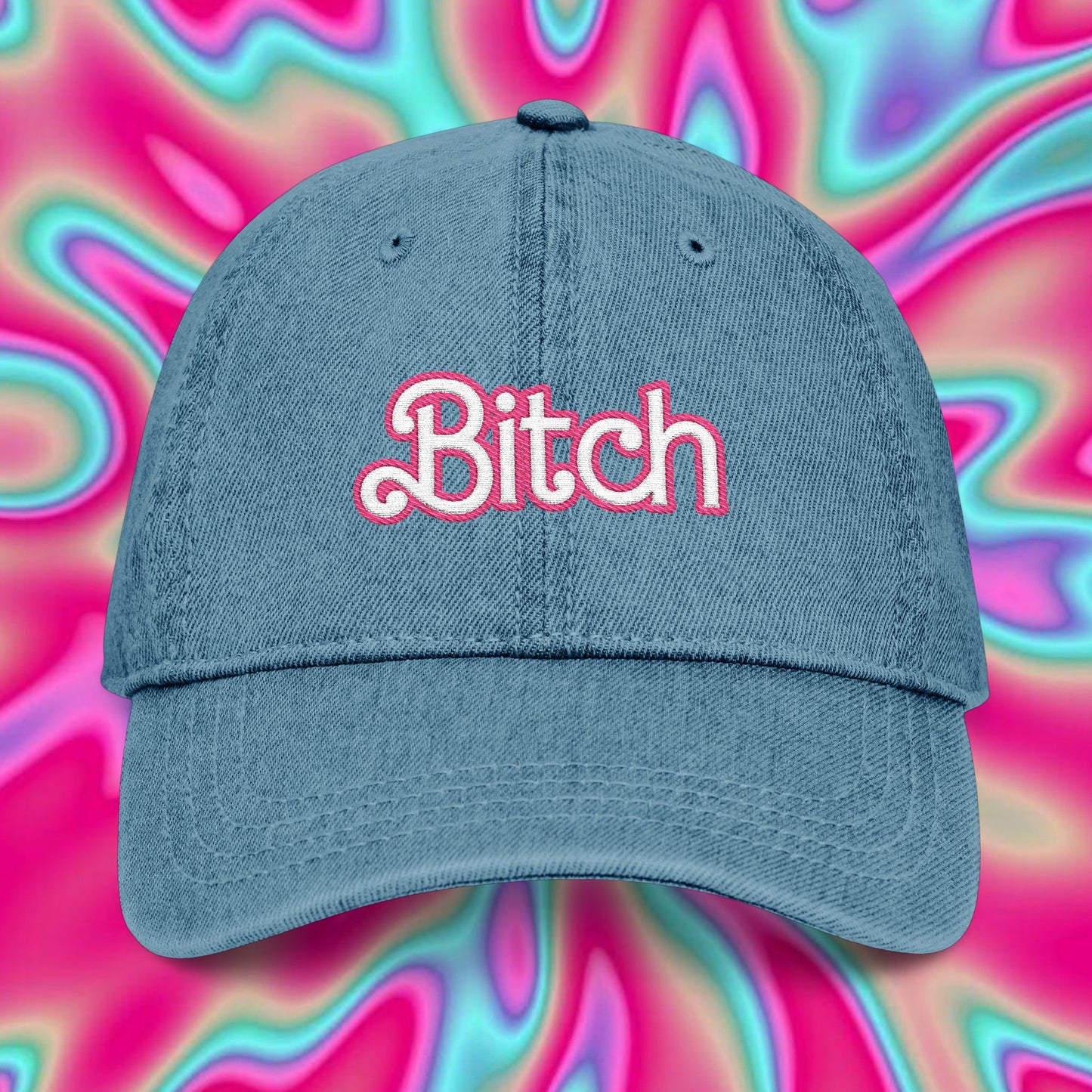 Embroidered 'Bitch' Denim Hat – Pink Script Baseball Cap with Heart Accent