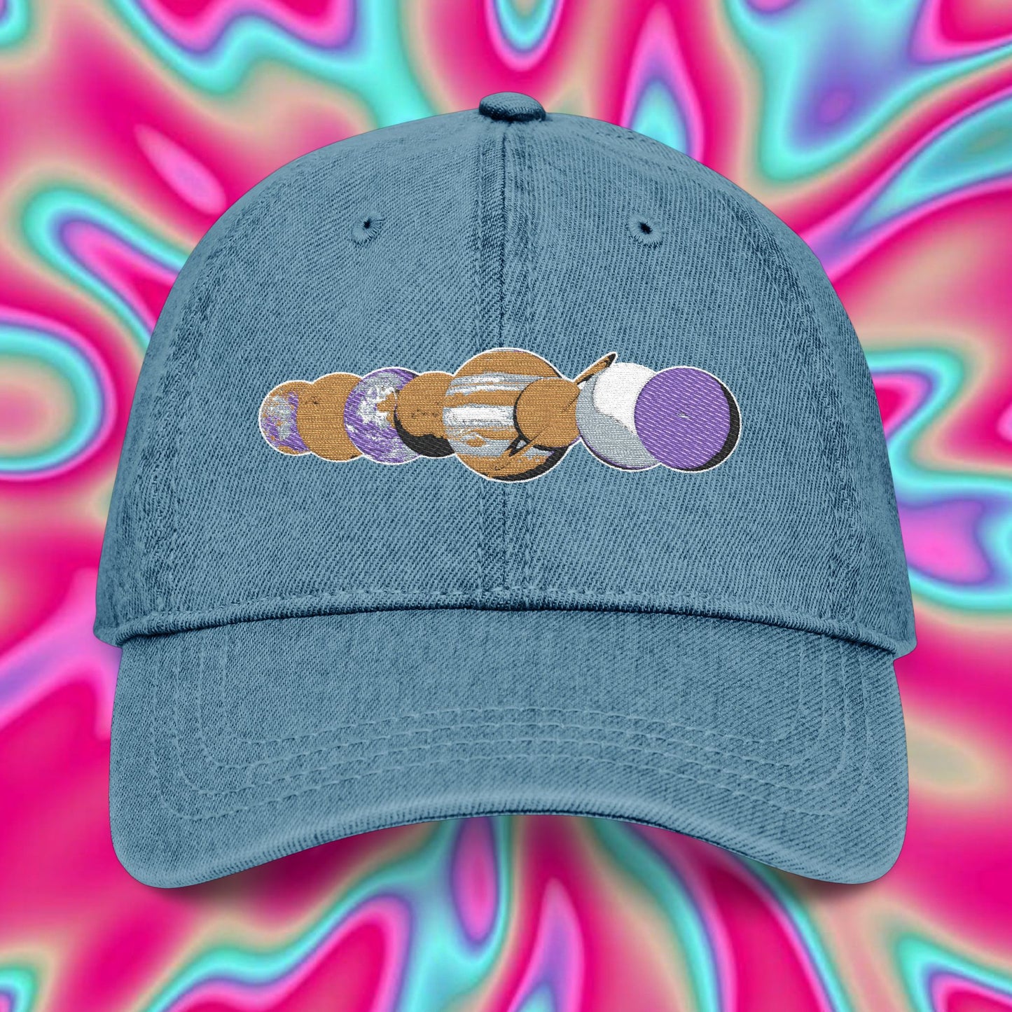 Embroidered Planet Phases Denim Hat — Retro Astronomy Baseball Cap
