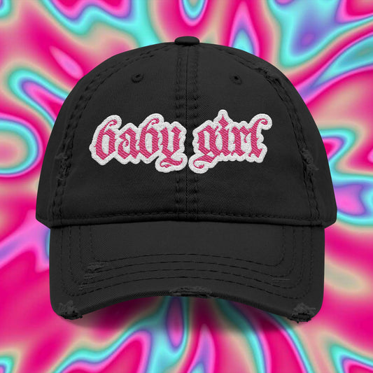 Baby Girl Embroidered Distressed Dad Hat — Pink Gothic Script, Heart Back Accent