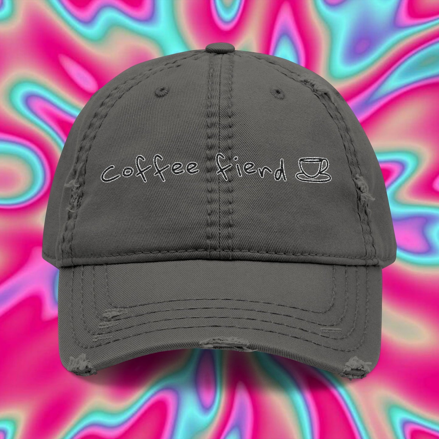 Coffee Fiend Embroidered Dad Hat — Distressed Coffee Lover Cap