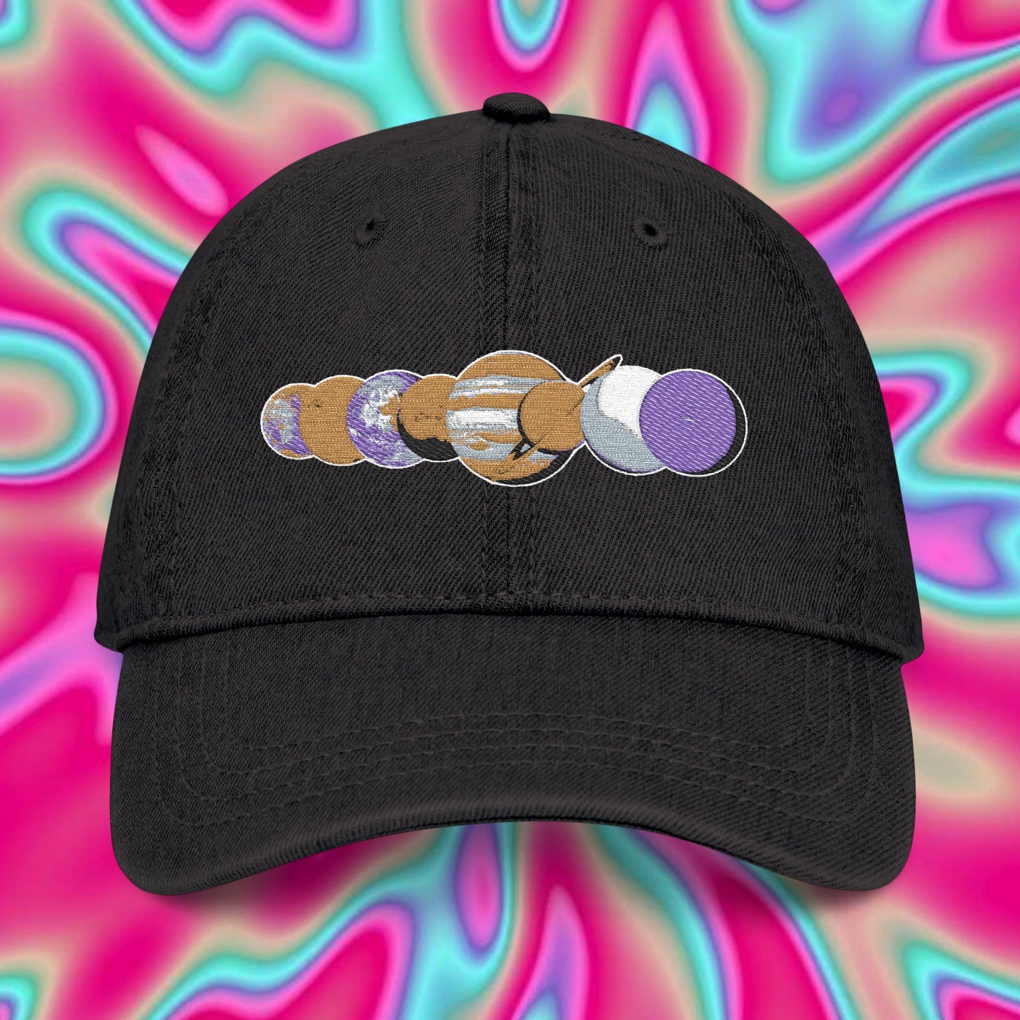 Embroidered Planet Phases Denim Hat — Retro Astronomy Baseball Cap