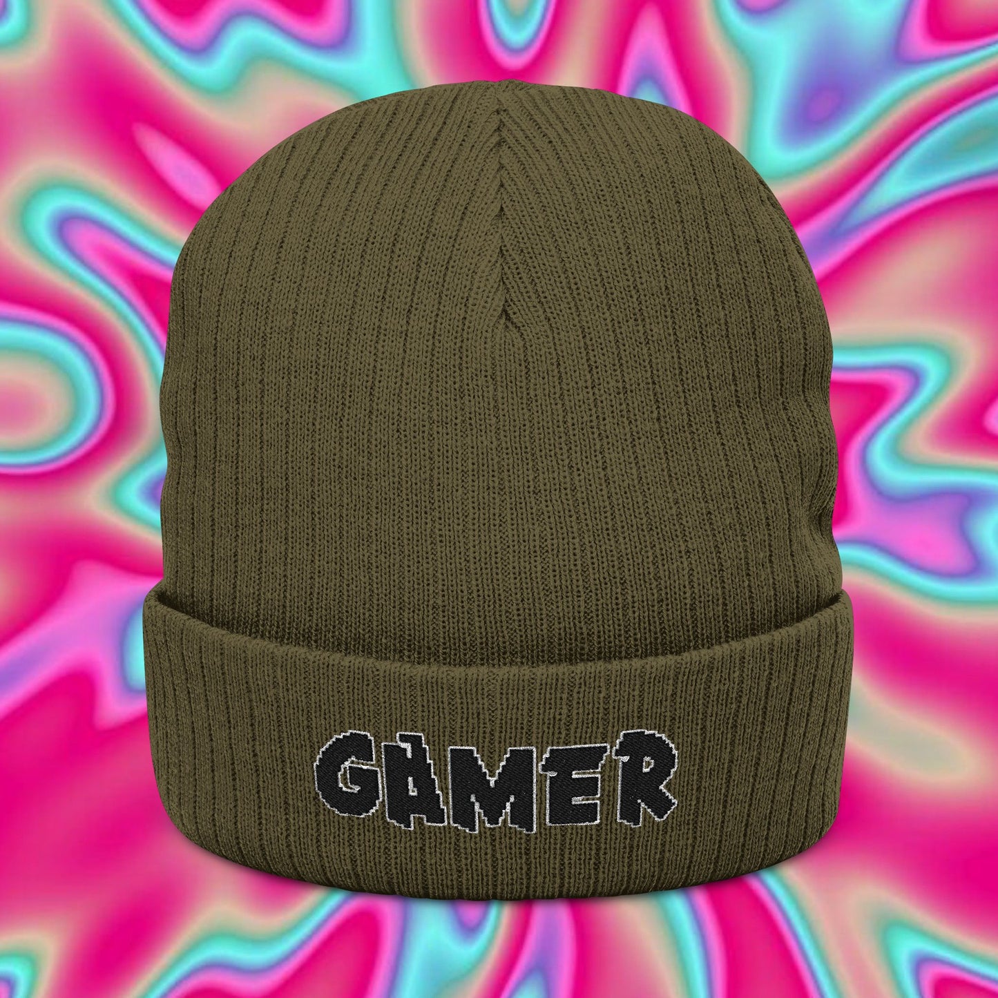 Gamer Embroidered Beanie — Ribbed Knit Cuffed Hat for Gamers