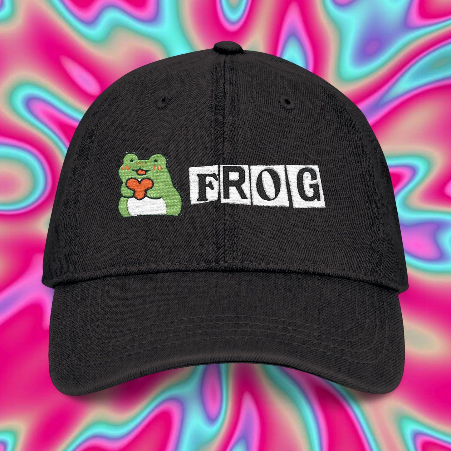 Embroidered 'Frog' Denim Hat — Cute Frog Heart Baseball Cap