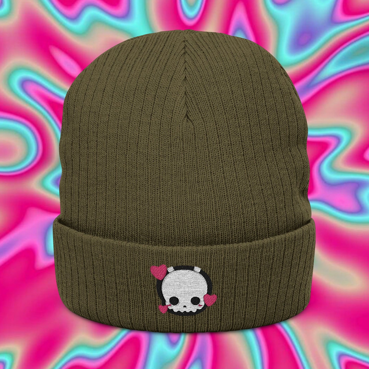 Valentine's Ghost Embroidered Beanie — Ribbed Knit Heart Patch