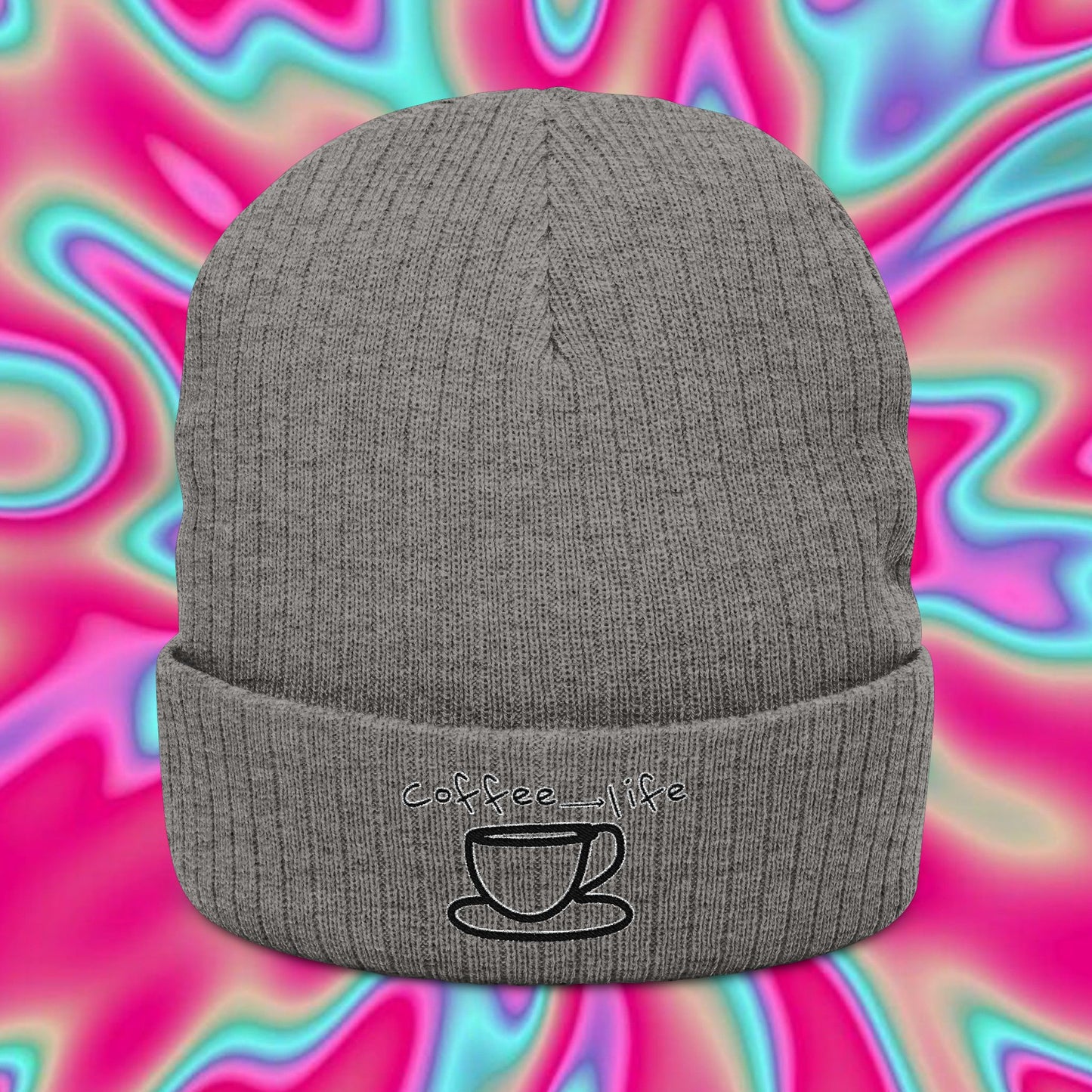 Coffee Is Life Ribbed Knit Beanie – Embroidered Mug Design