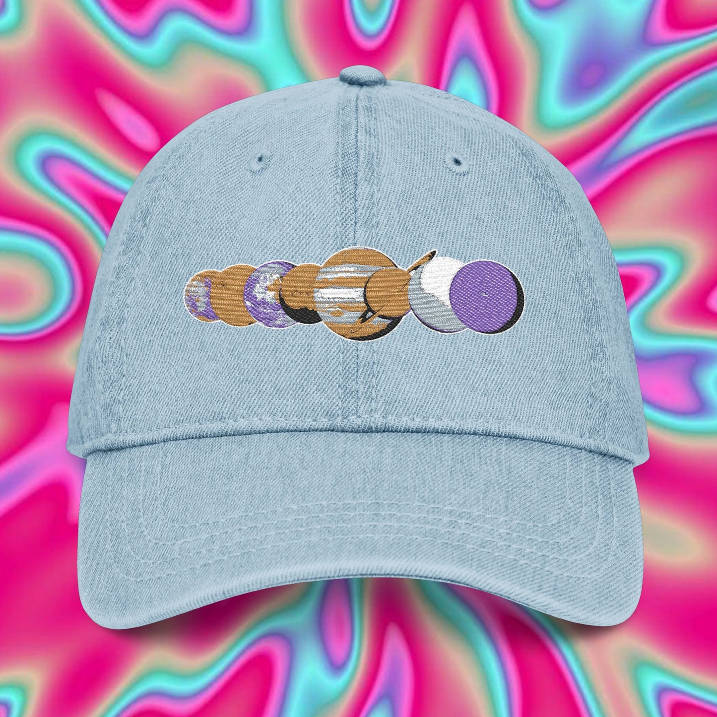 Embroidered Planet Phases Denim Hat — Retro Astronomy Baseball Cap