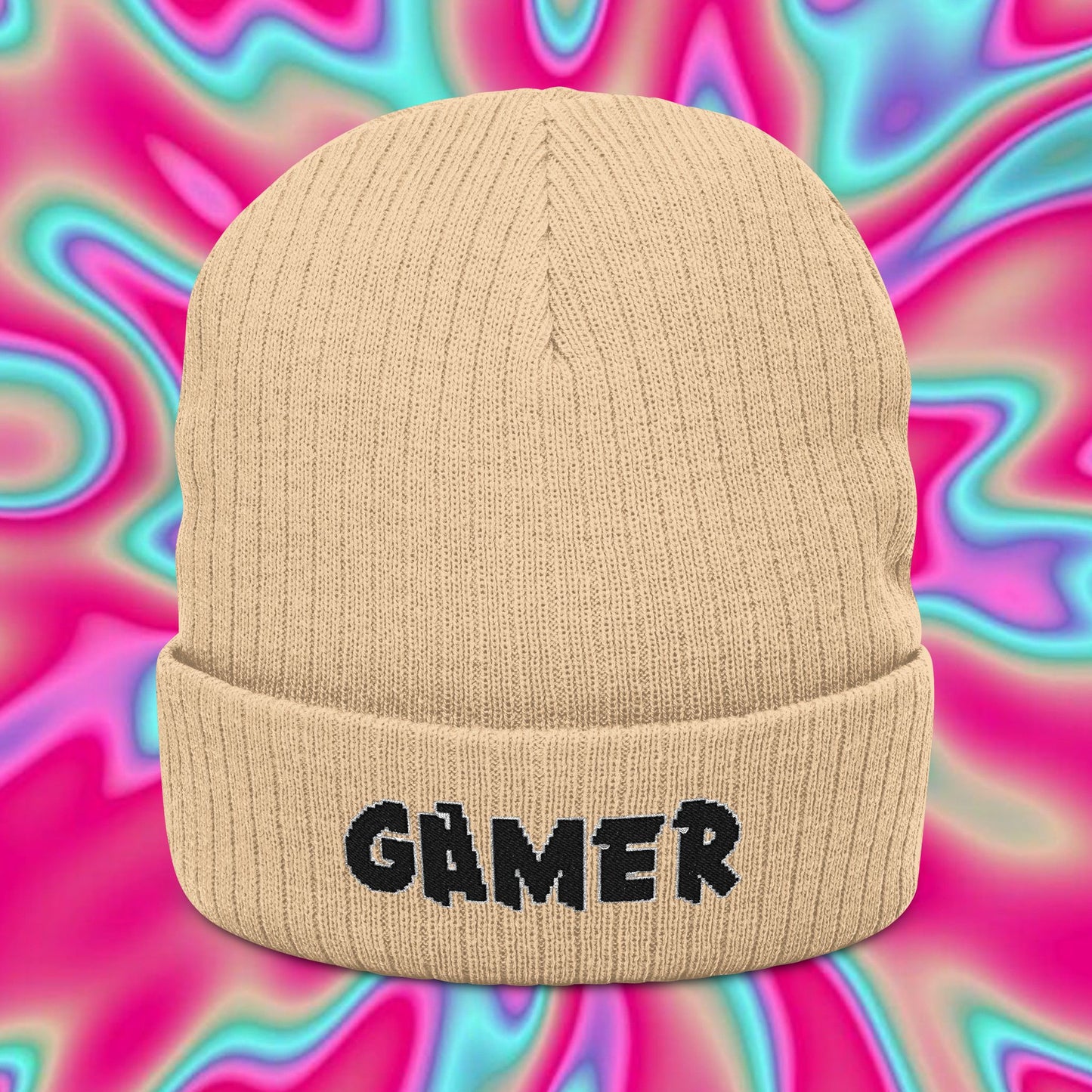 Gamer Embroidered Beanie — Ribbed Knit Cuffed Hat for Gamers