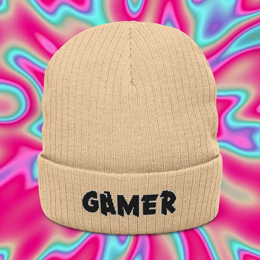 Gamer Embroidered Beanie — Ribbed Knit Cuffed Hat for Gamers