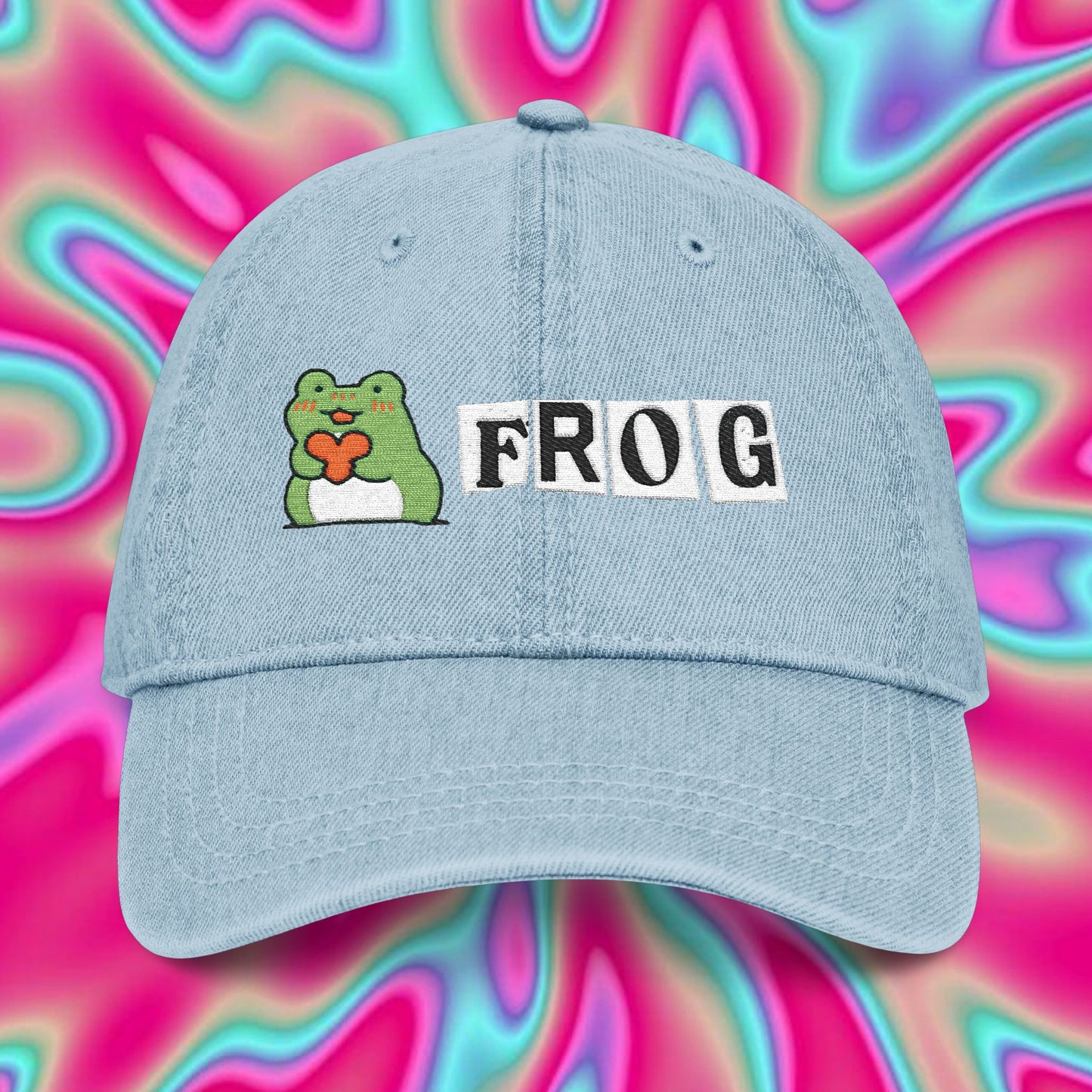 Embroidered 'Frog' Denim Hat — Cute Frog Heart Baseball Cap