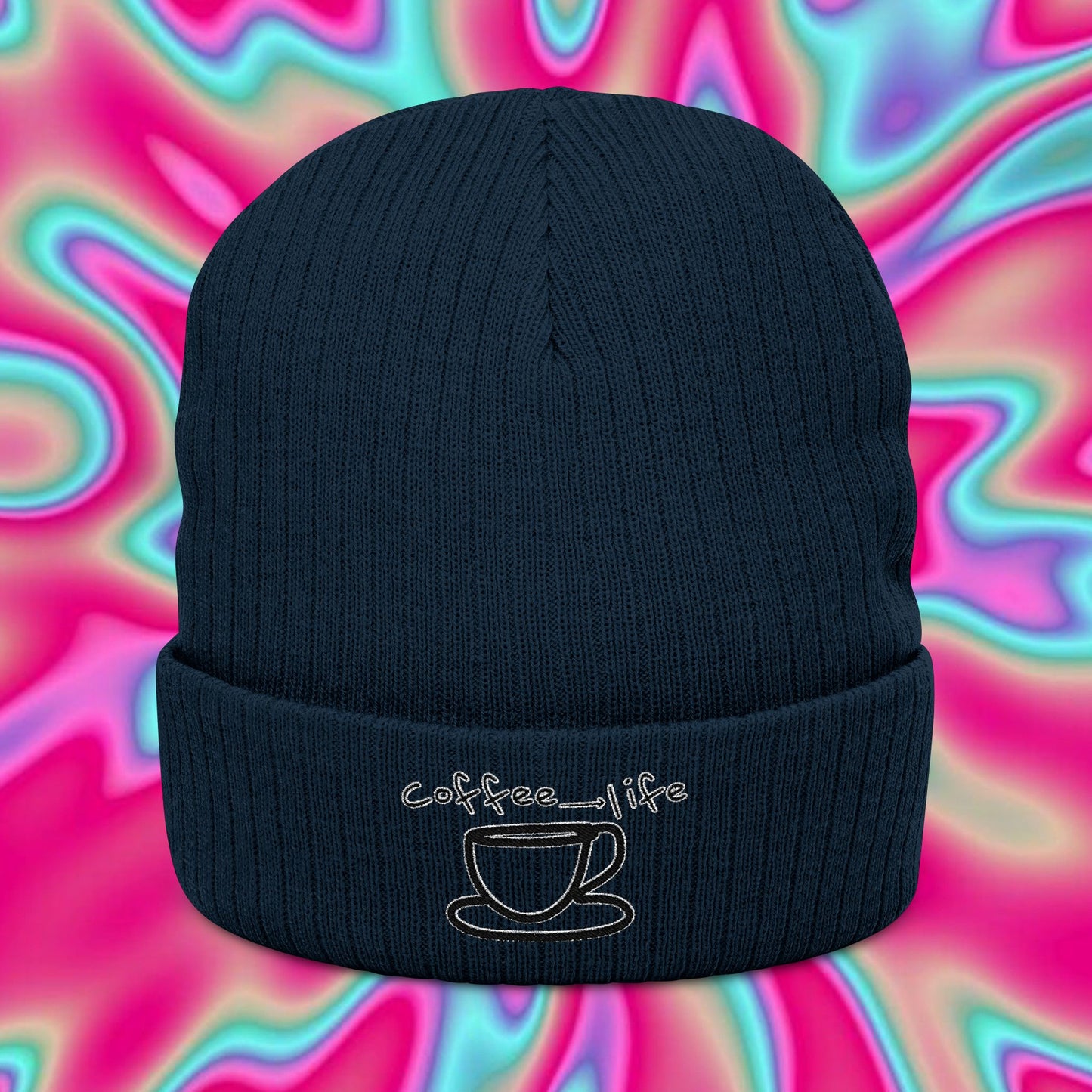 Coffee Is Life Ribbed Knit Beanie – Embroidered Mug Design