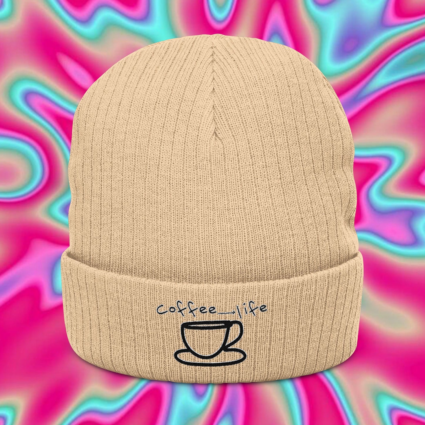Coffee Is Life Ribbed Knit Beanie – Embroidered Mug Design