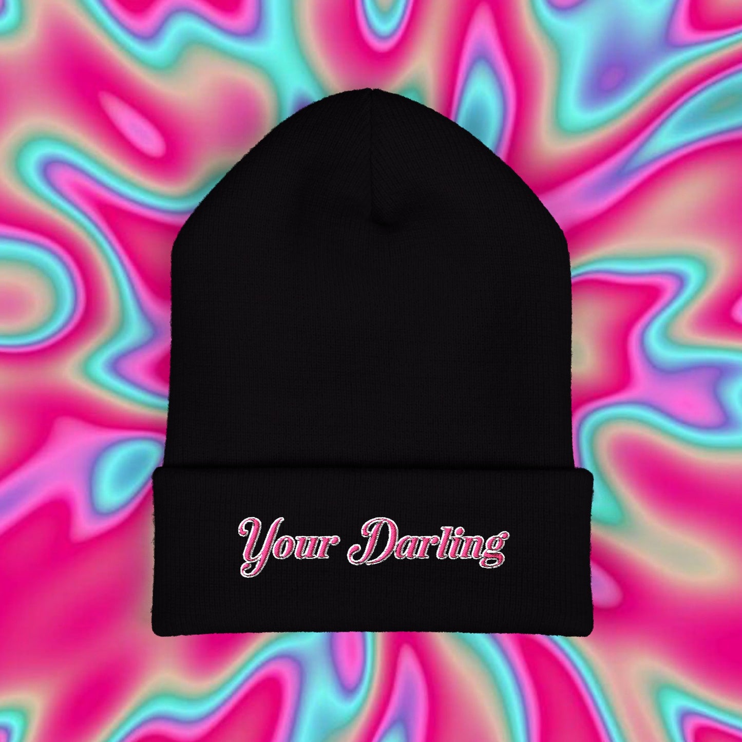 Embroidered 'Your Darling' Cuffed Beanie — Trendy Pink Script Knit Hat