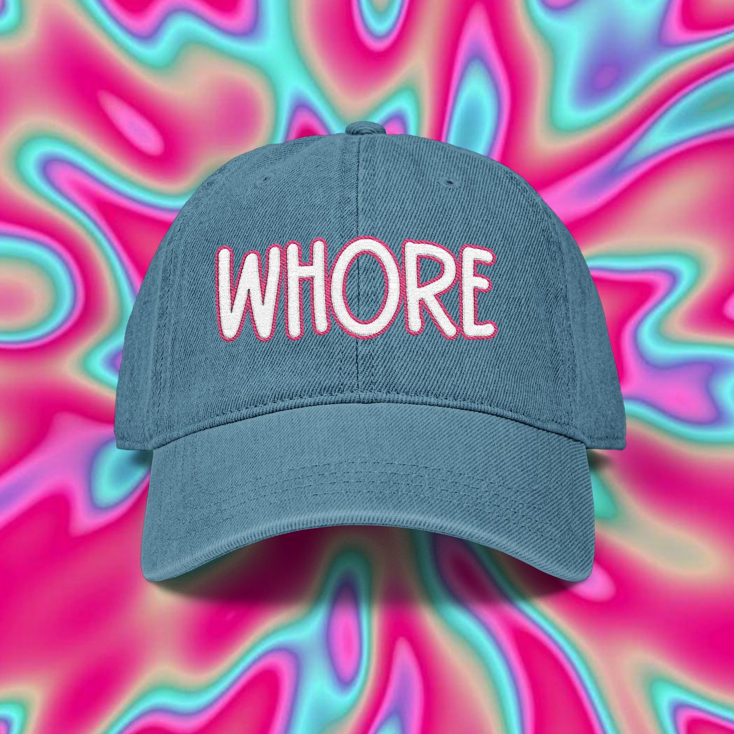 Embroidered Denim Hat — 'WHORE' Bold Script Cap