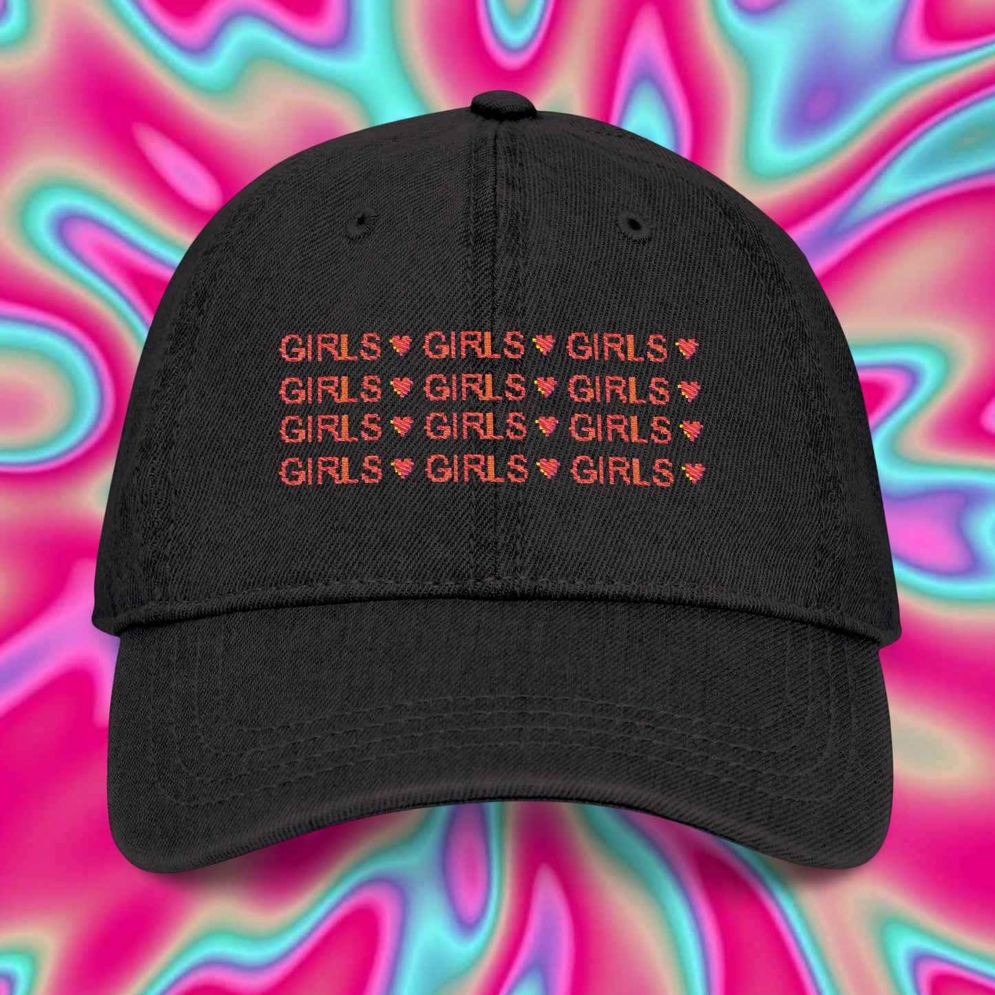 Embroidered 'GIRLS' Denim Baseball Cap with Strawberry Accent