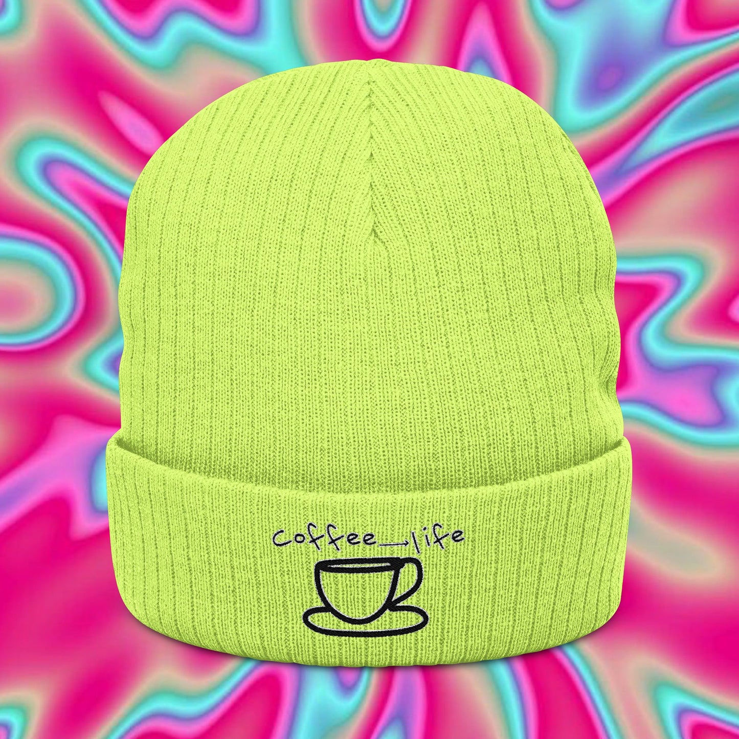 Coffee Is Life Ribbed Knit Beanie – Embroidered Mug Design