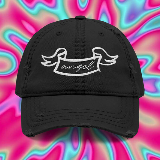 Angel Embroidered Distressed Dad Hat — Cute Heart Back Cap