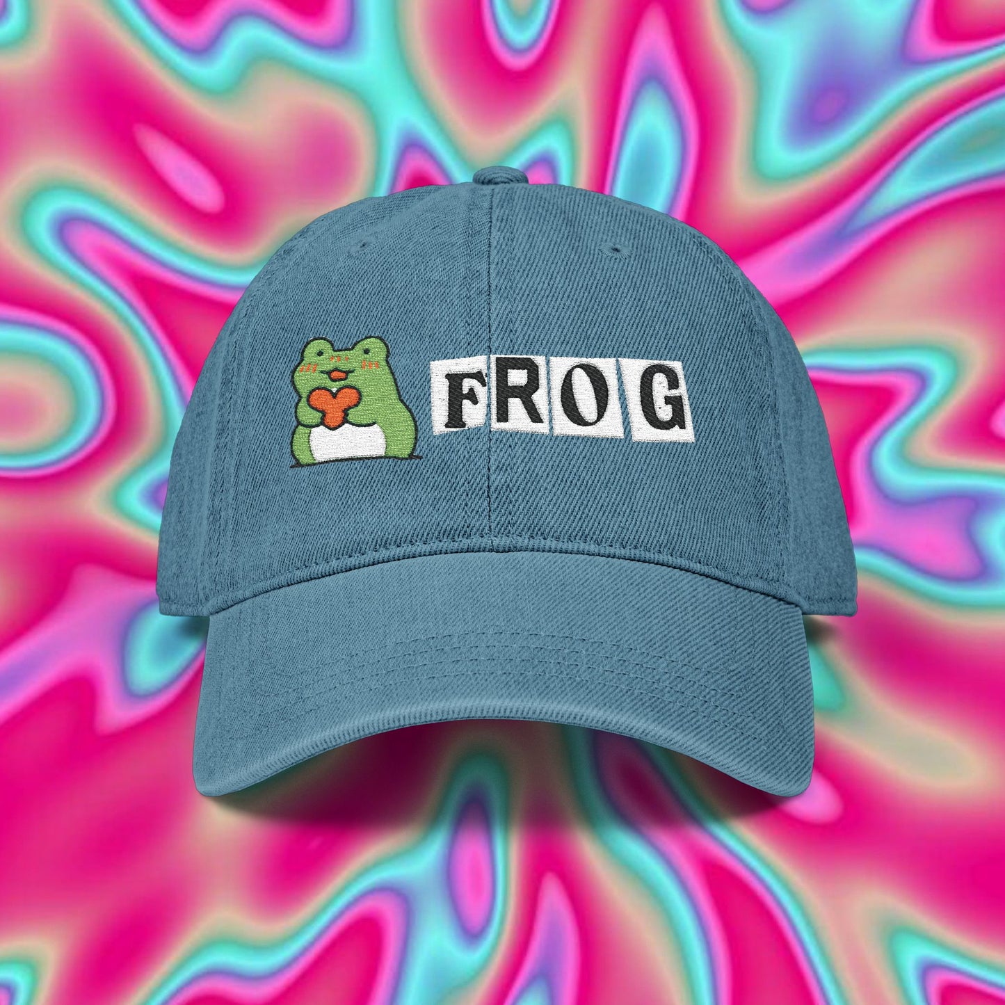 Embroidered 'Frog' Denim Hat — Cute Frog Heart Baseball Cap