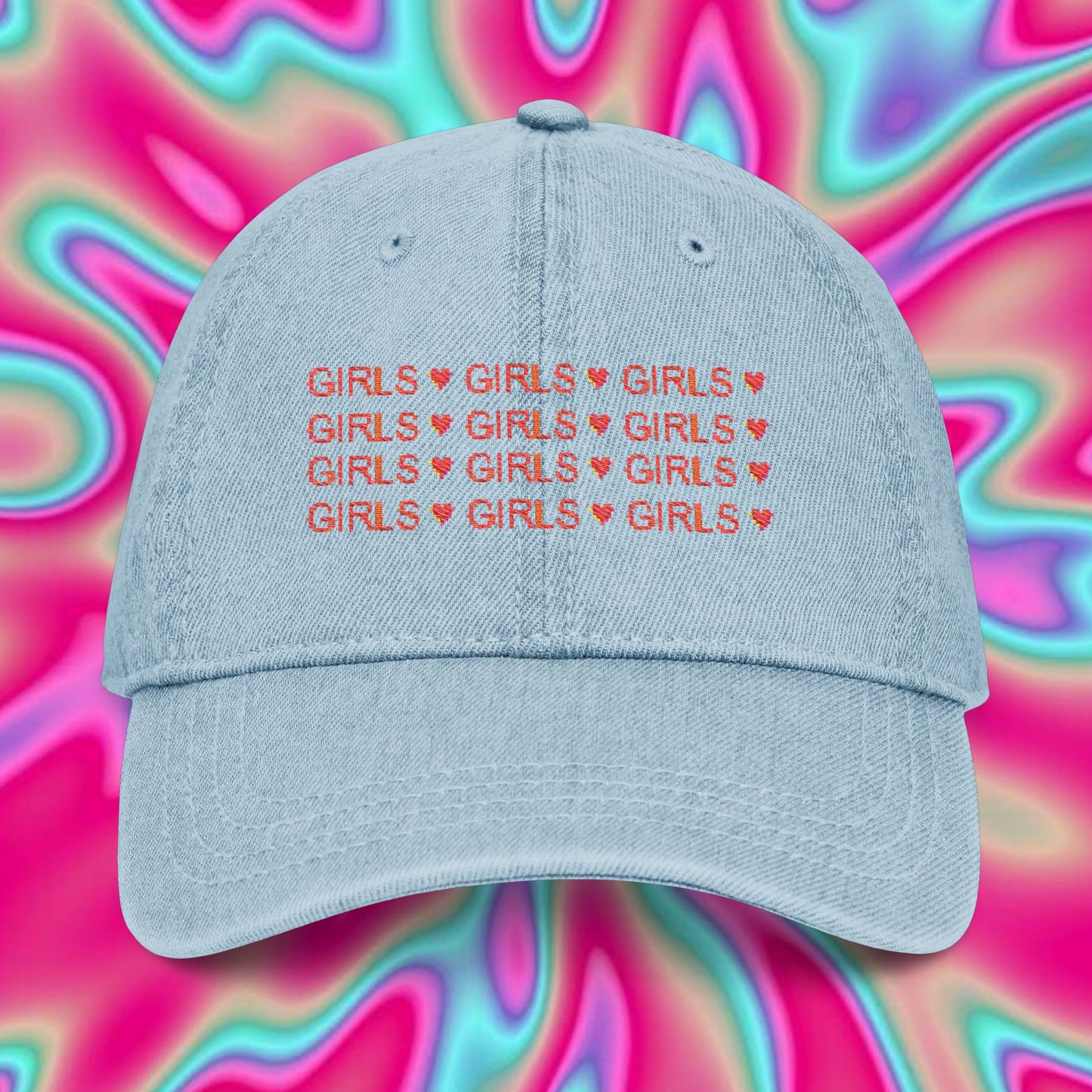 Embroidered 'GIRLS' Denim Baseball Cap with Strawberry Accent