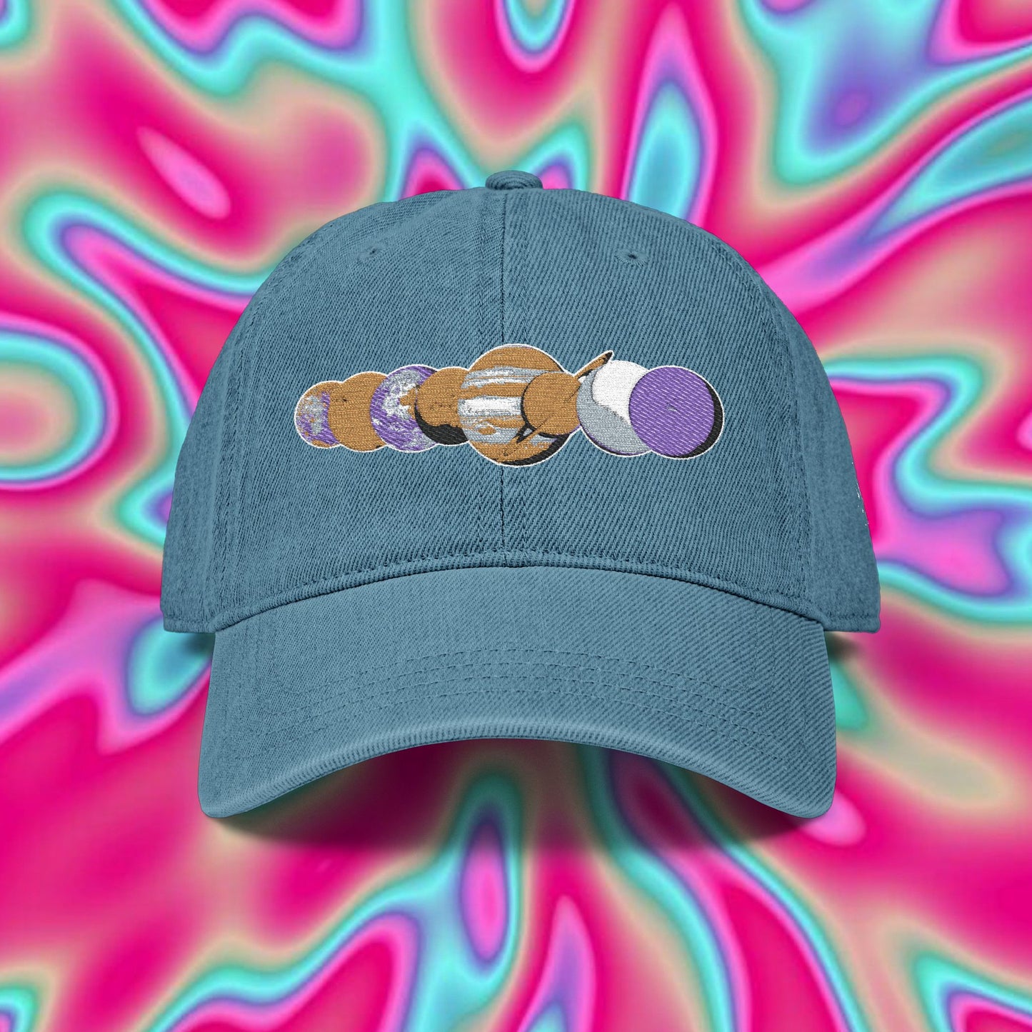 Embroidered Planet Phases Denim Hat — Retro Astronomy Baseball Cap