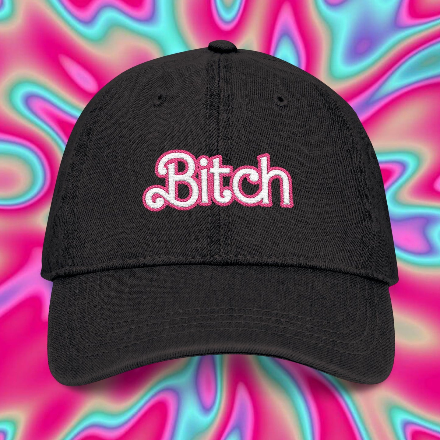 Embroidered 'Bitch' Denim Hat – Pink Script Baseball Cap with Heart Accent
