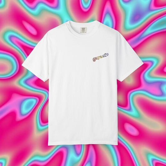 White Graphic T-Shirt — Colorful Tiny Logo Chest Print, Casual Streetwear