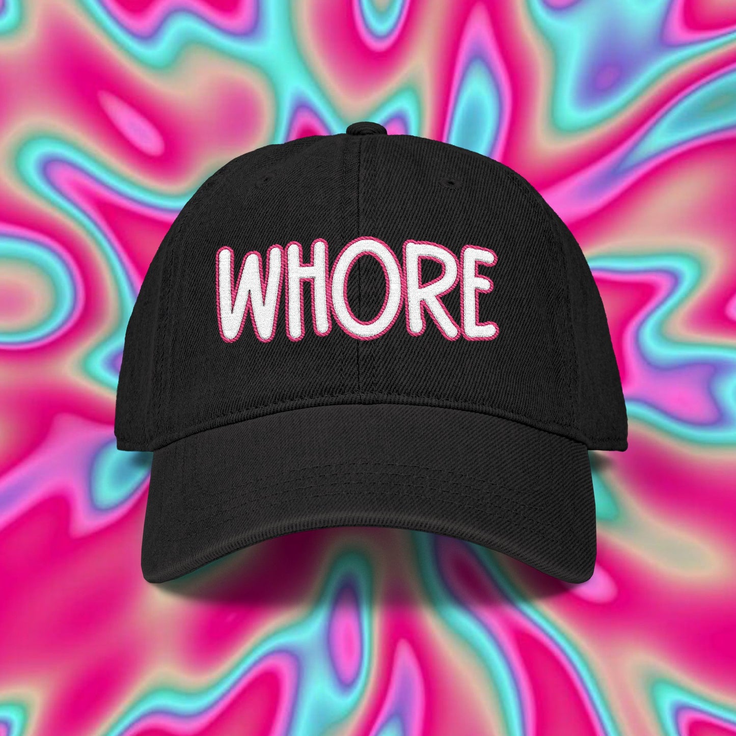 Embroidered Denim Hat — 'WHORE' Bold Script Cap