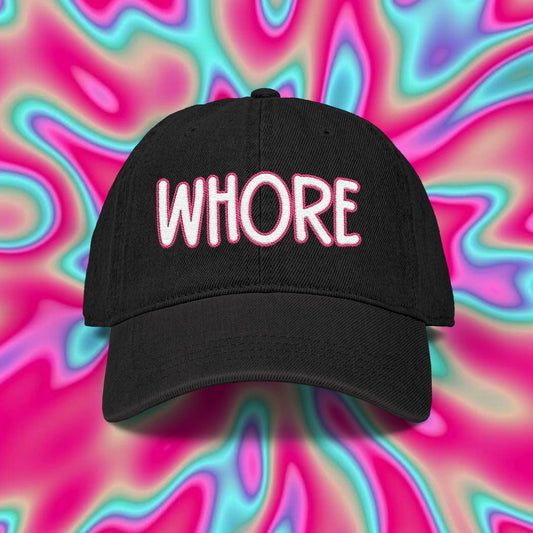Embroidered Denim Hat — 'WHORE' Bold Script Cap